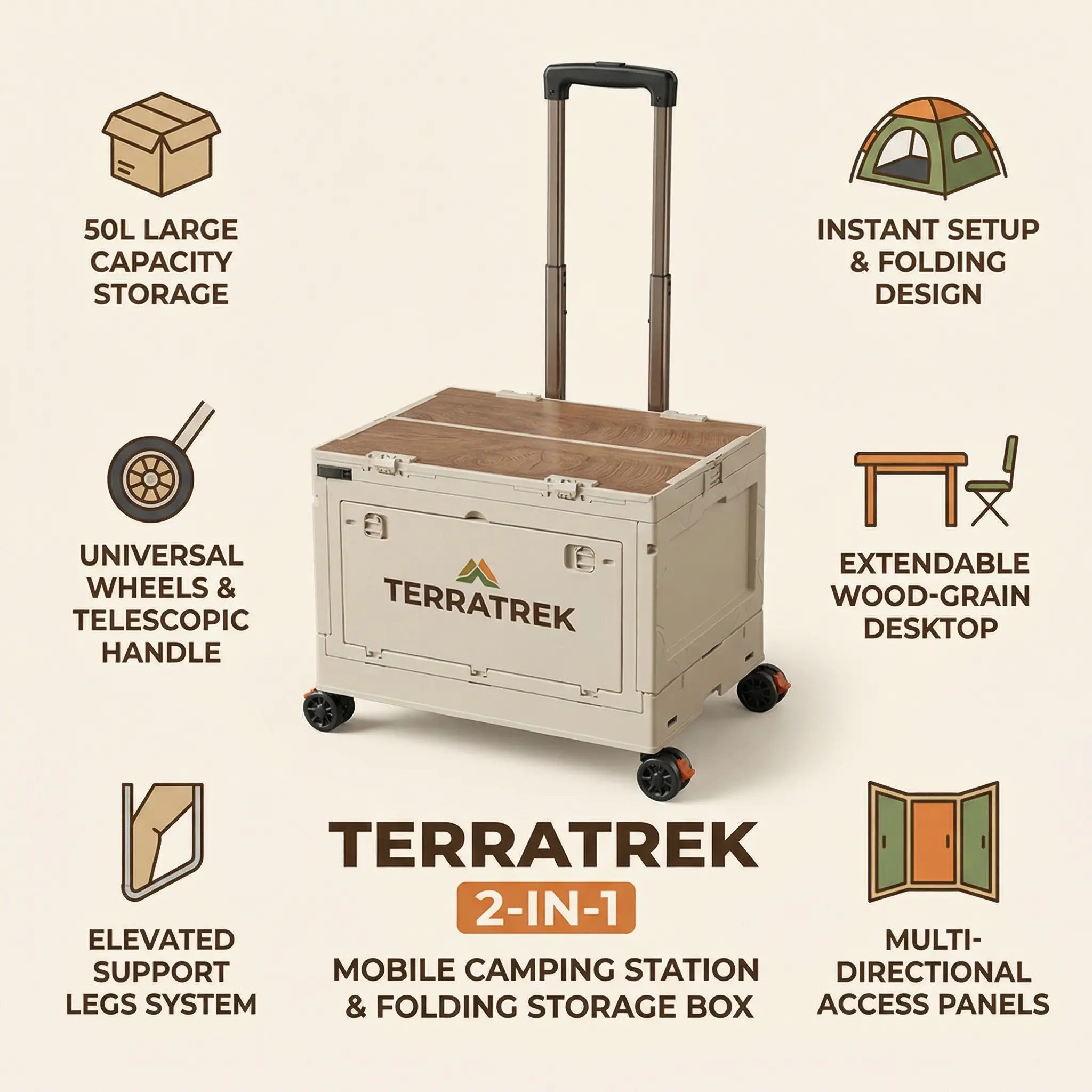 The TerraTrek 2-in-1 Mobile Camping Station & Folding Storage Box 11 Cart + Table in One