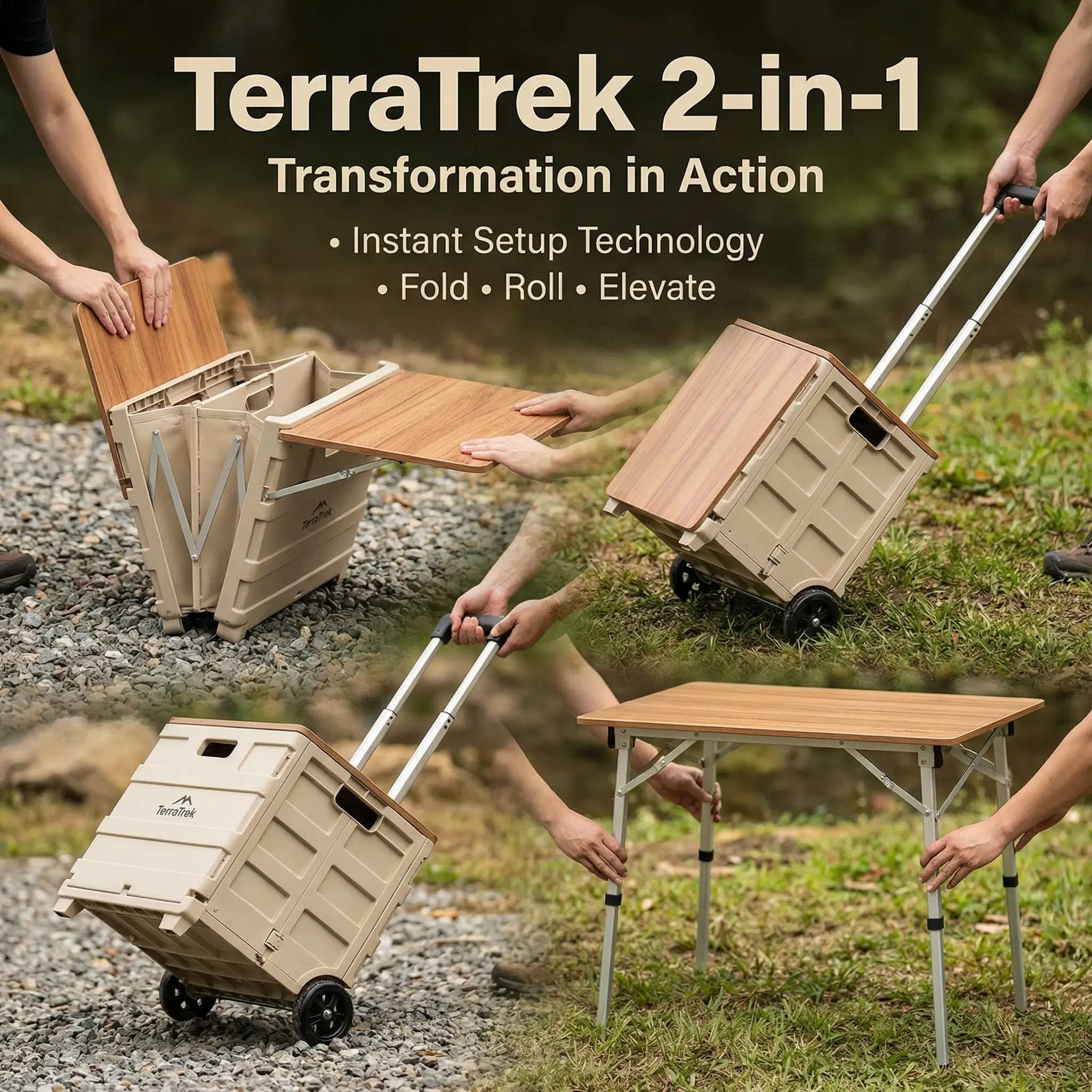 The TerraTrek 2-in-1 Mobile Camping Station & Folding Storage Box 13 Wood-Grain Tabletop