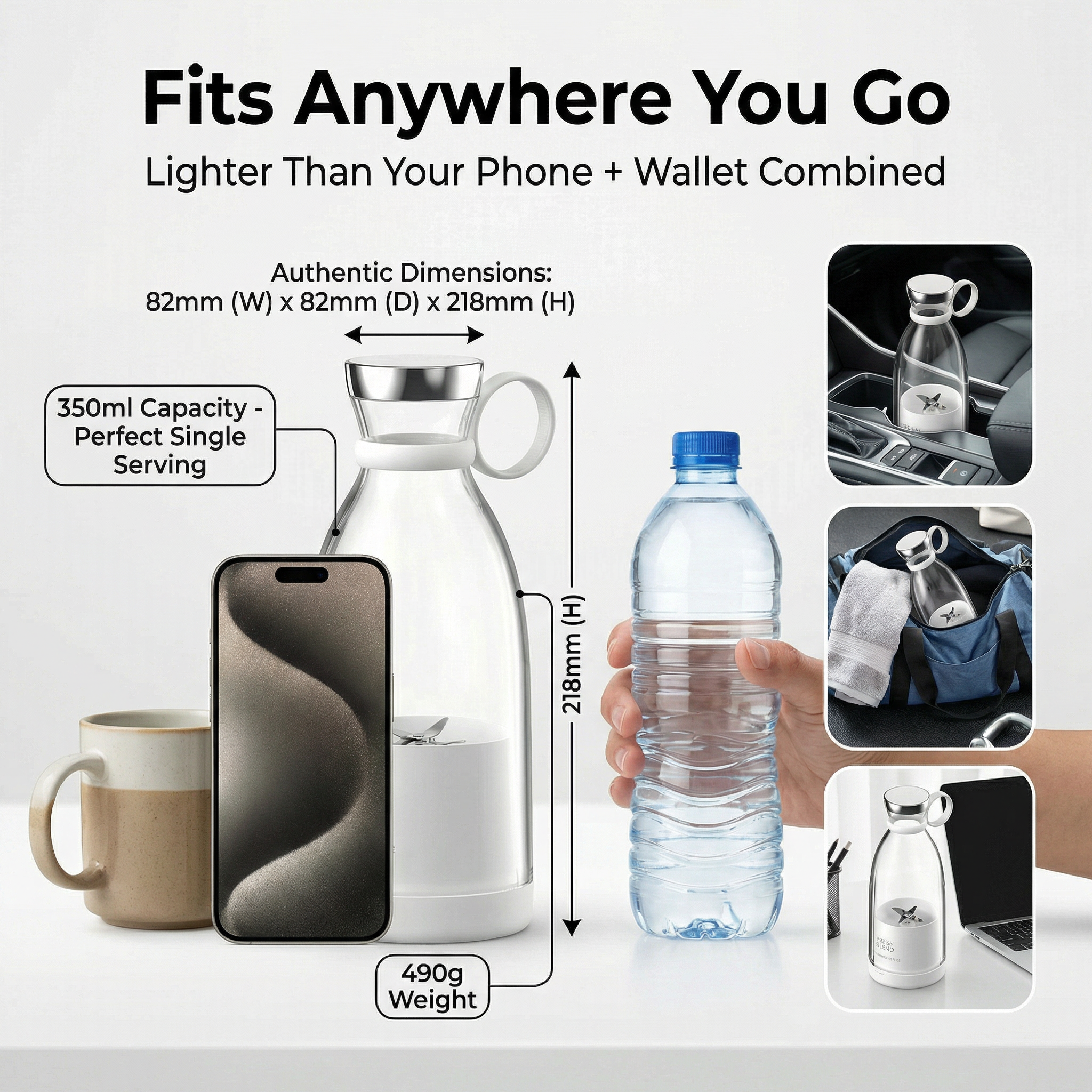 Shake & Take Blender Bottle - Fresh Juice™ Portable Blender – 350ml 6 Size Reference - Fits Anywhere