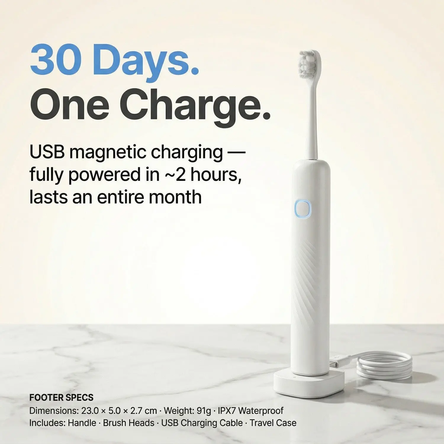 SonicGlow Pro Rechargeable Electric Toothbrush - USB charge 30-day battery soft bristles