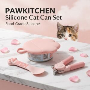 PawKitchen silicone cat can lid set with feeding bowl