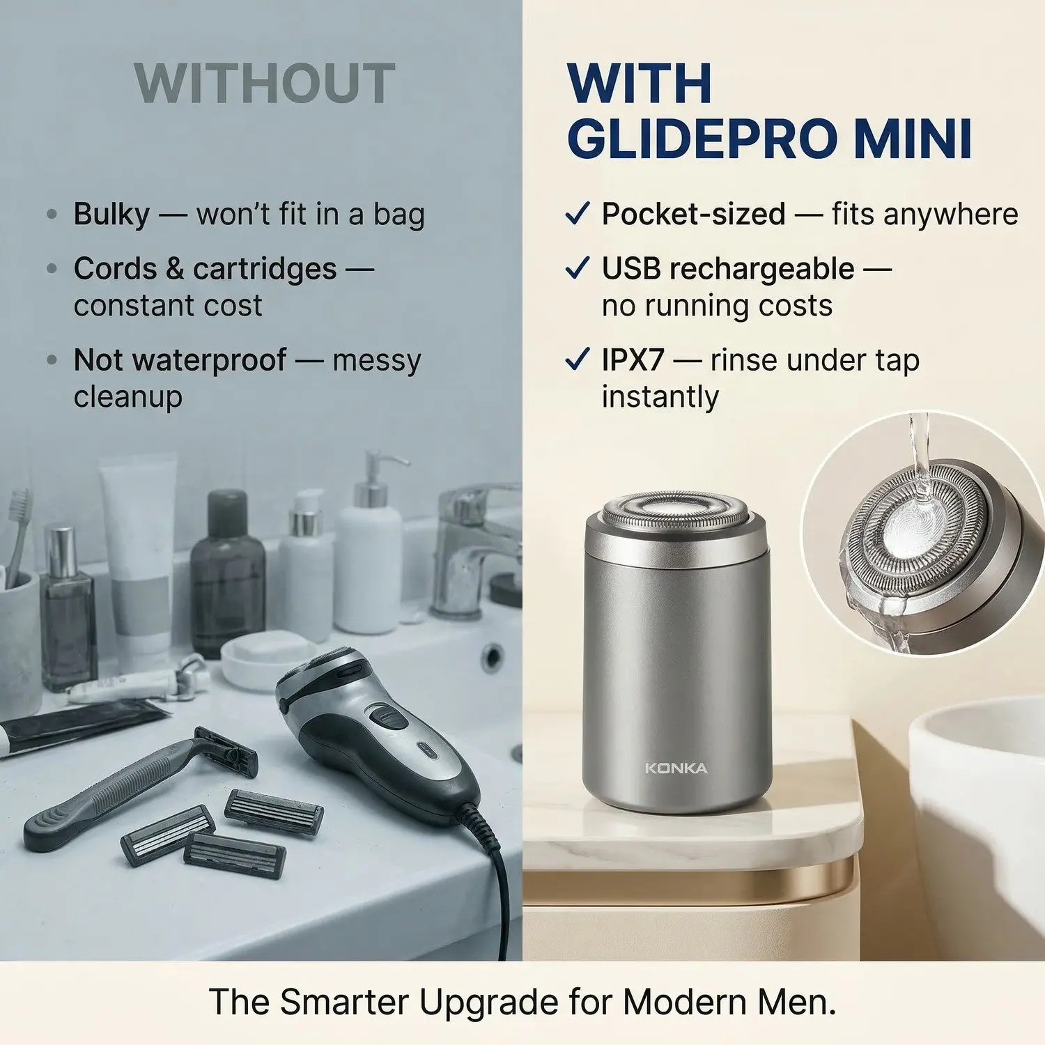 GlidePro Mini Electric Shaver – Rechargeable, Full-Body Washable, Travel-Ready Portable Men's Grooming Razor 3 Floating Cutter Head