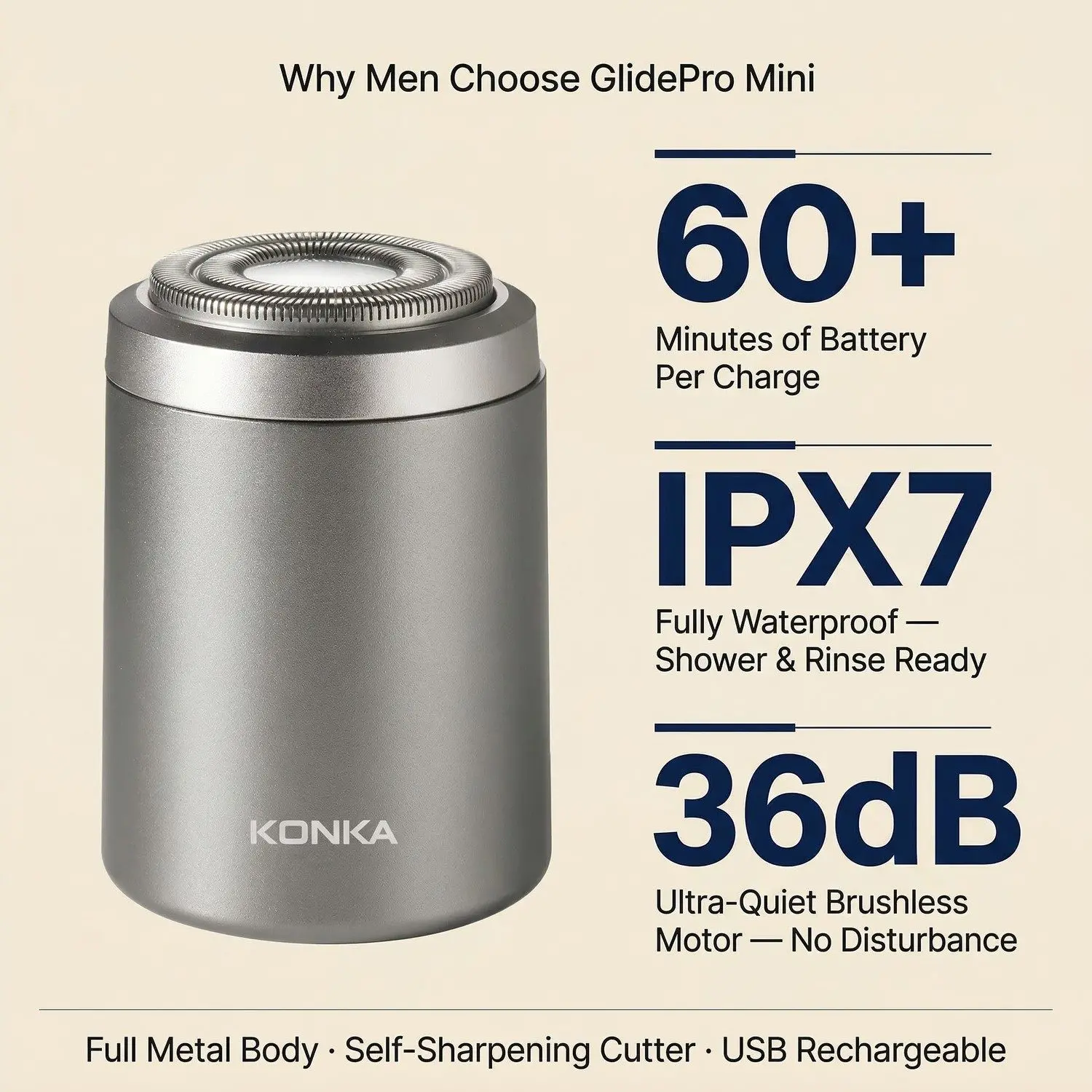 GlidePro Mini Electric Shaver – Rechargeable, Full-Body Washable, Travel-Ready Portable Men's Grooming Razor 4 Full Metal Body