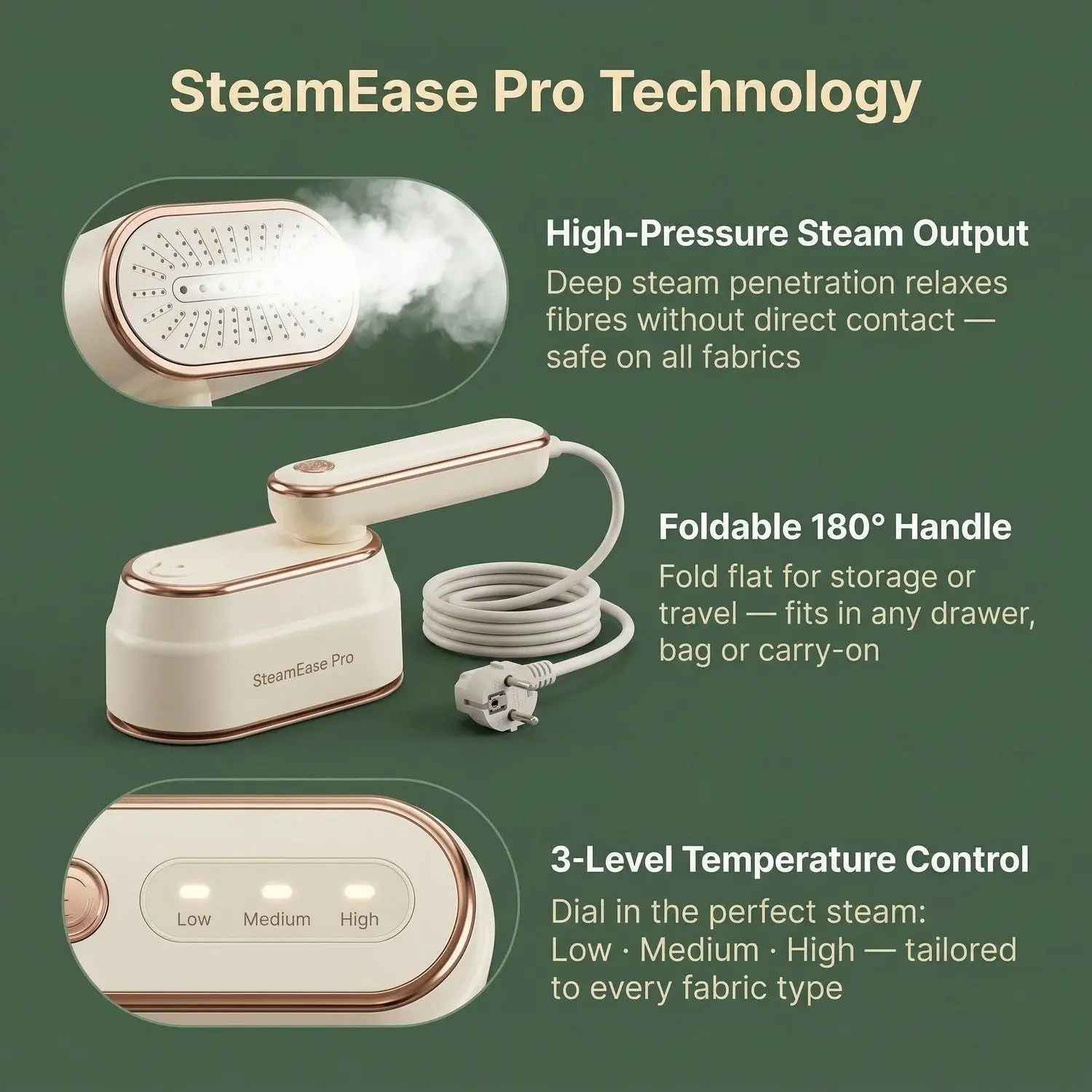 SteamEase Pro Handheld Garment Steamer – Portable Foldable, Fast Heat-Up, Home & Travel Clothing Iron 2 1000W Steam Power