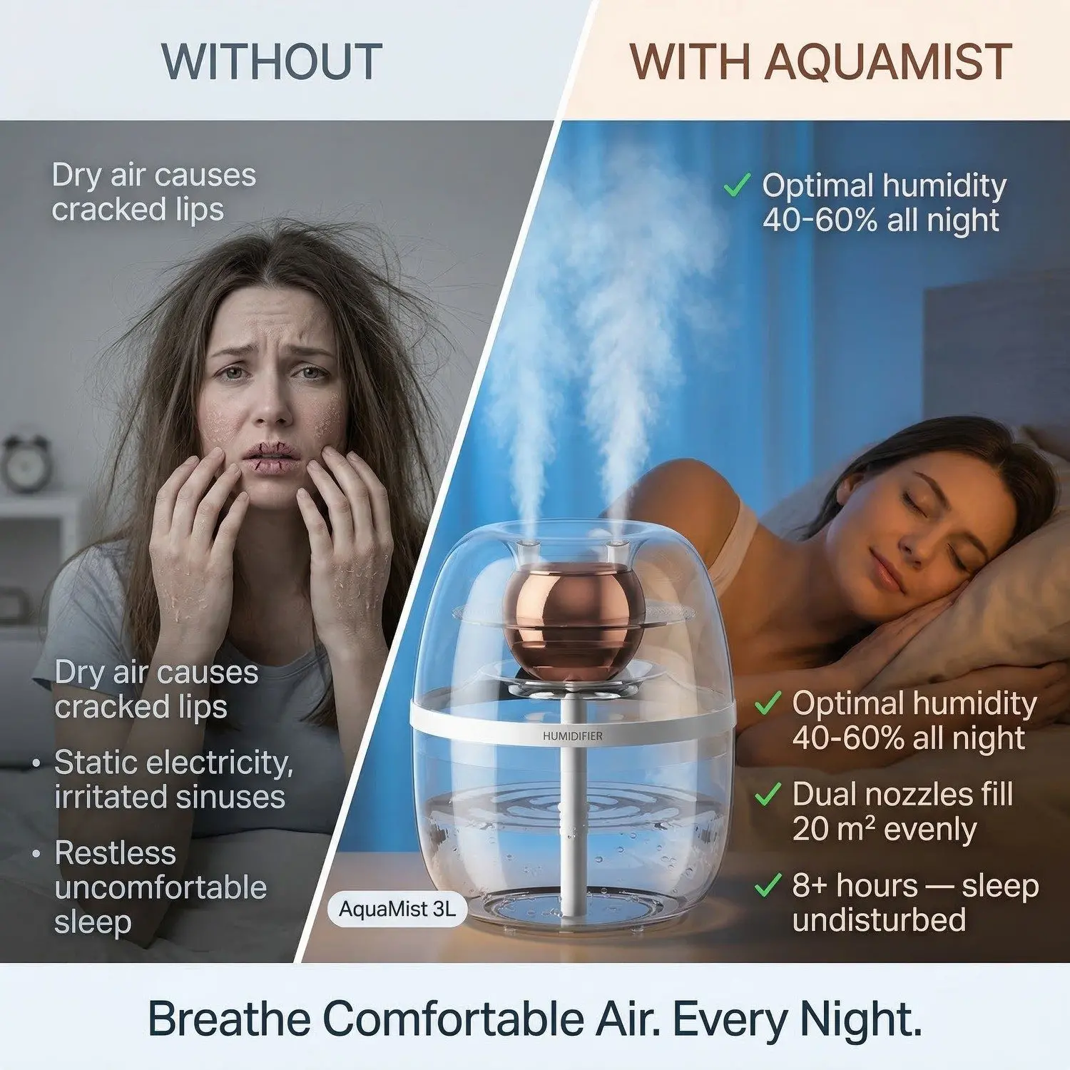 AquaMist 3L USB Dual-Nozzle Humidifier – Large Capacity, Ultra-Quiet, Bedroom & Desktop Air Moisturizer 11 Universal USB Power