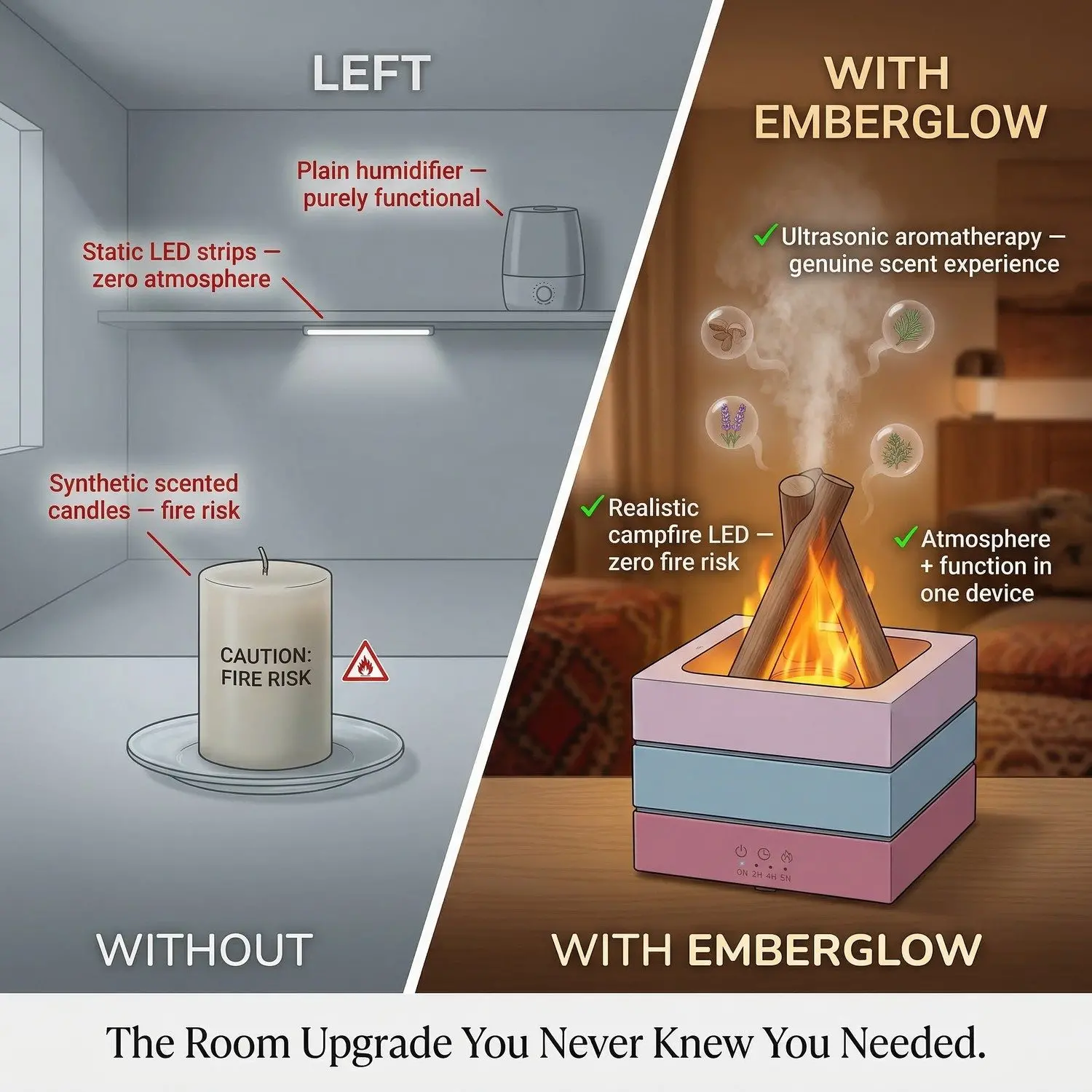 EmberGlow Flame Aroma Diffuser – Realistic LED Campfire Effect, Ultrasonic Mist, USB Essential Oil Diffuser 11 2–8 Hour Auto Timer