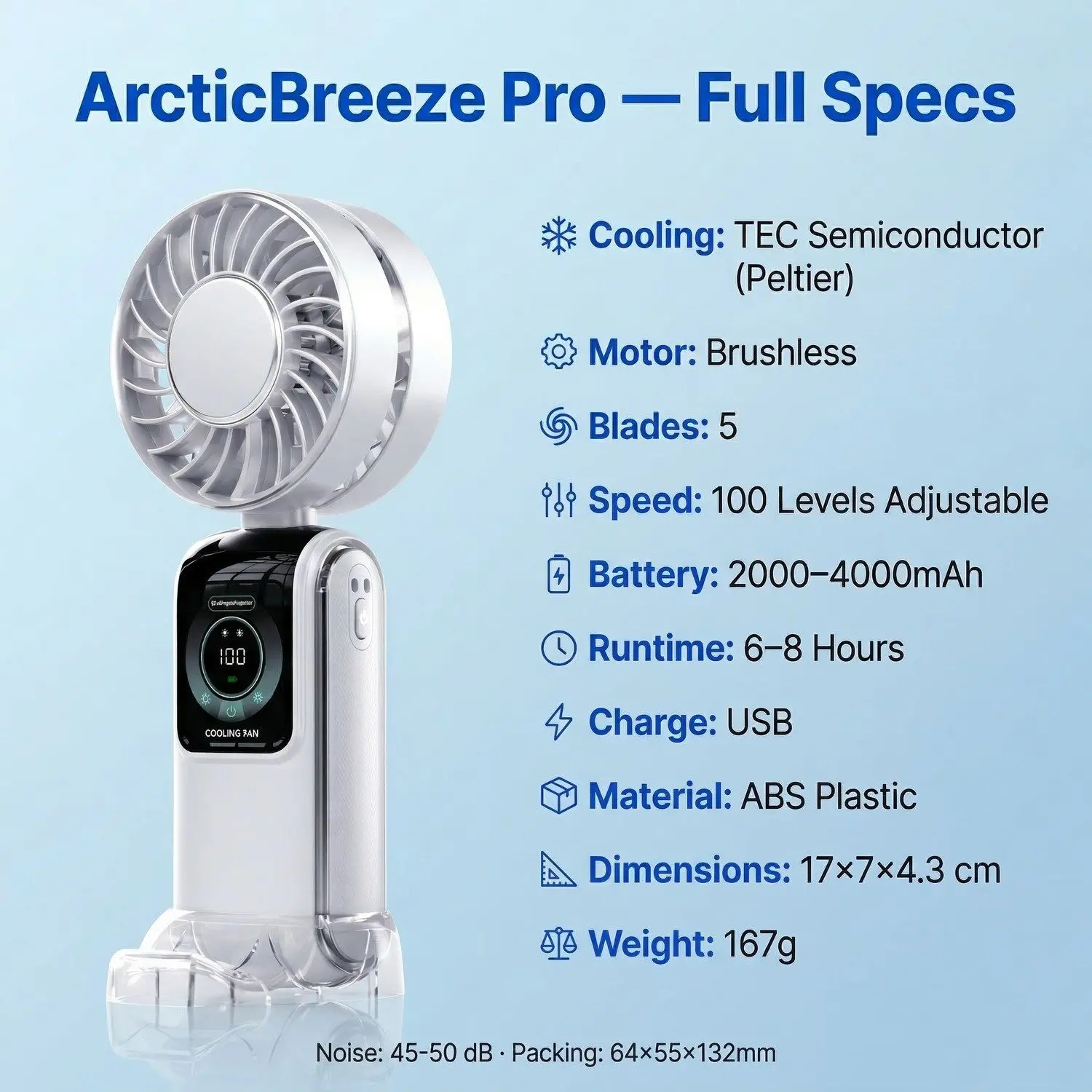 ArcticBreeze Pro Semiconductor Cooling Handheld Fan – TEC Ice Compress, Digital Display, 100-Speed Adjustment 11 Digital Display Panel