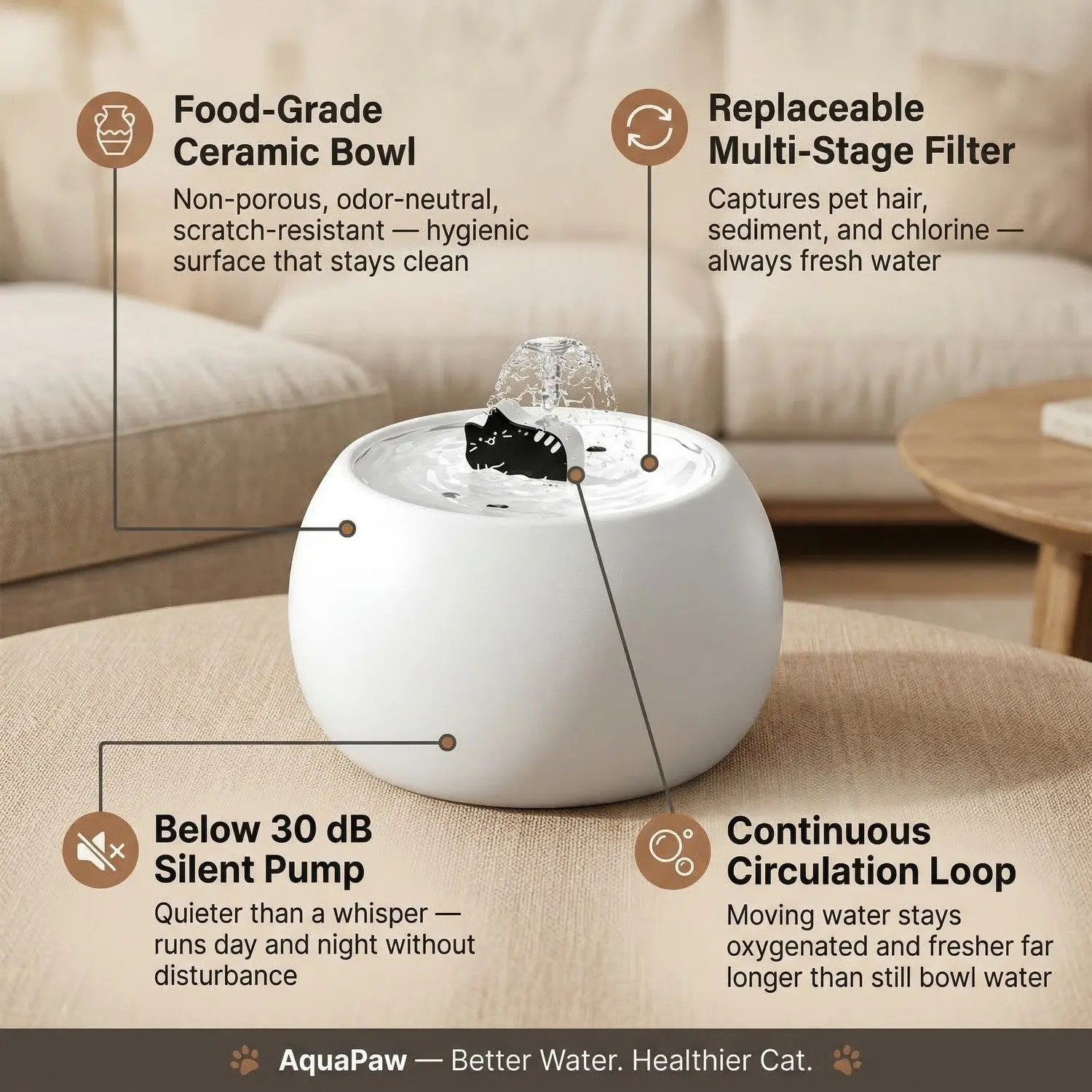 AquaPaw Ceramic Auto Cat Water Fountain – Electric Circulating Filter, Silent Pump, 1L & 1.5L 2 Premium Ceramic Bowl