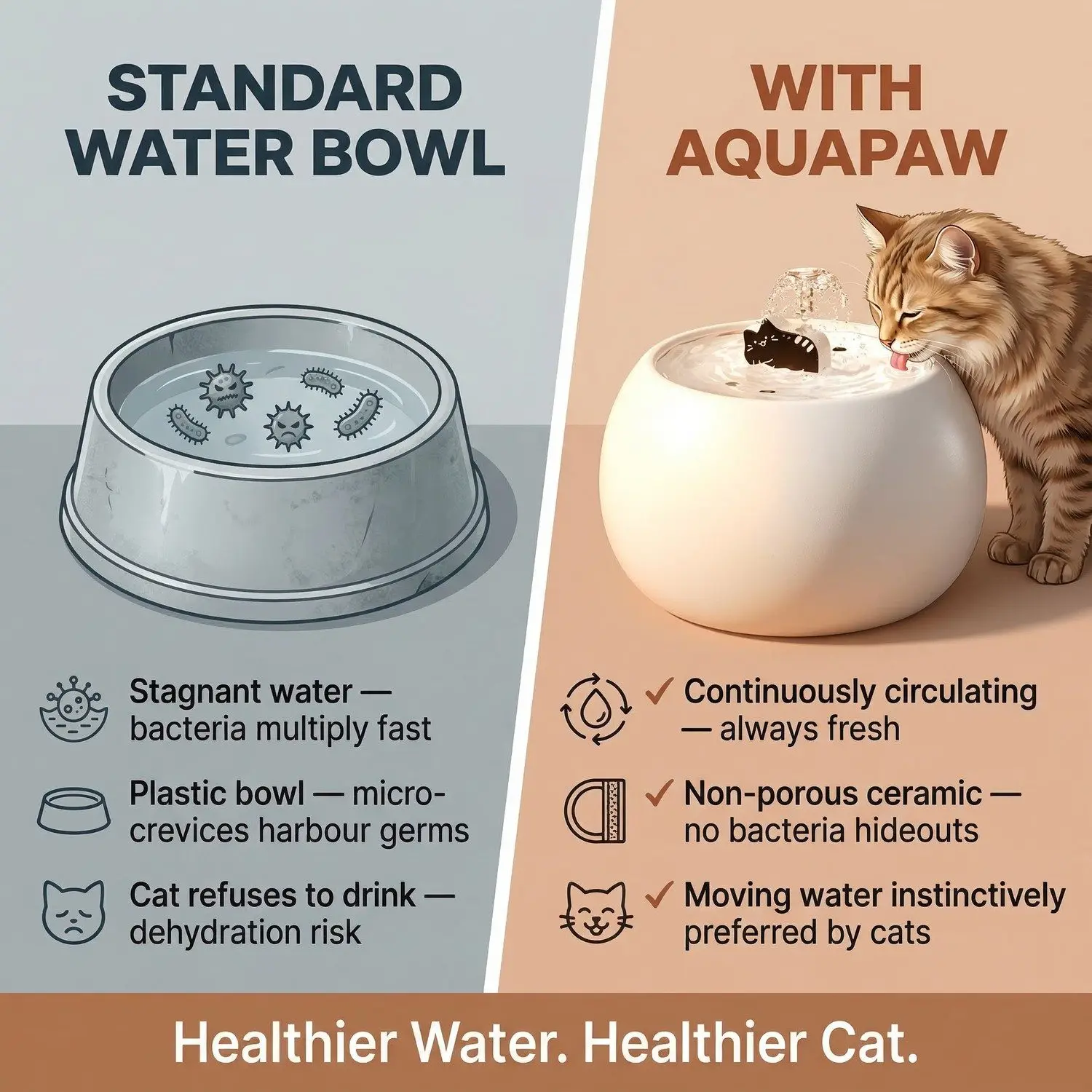 AquaPaw Ceramic Auto Cat Water Fountain – Electric Circulating Filter, Silent Pump, 1L & 1.5L 5 360° Circulation