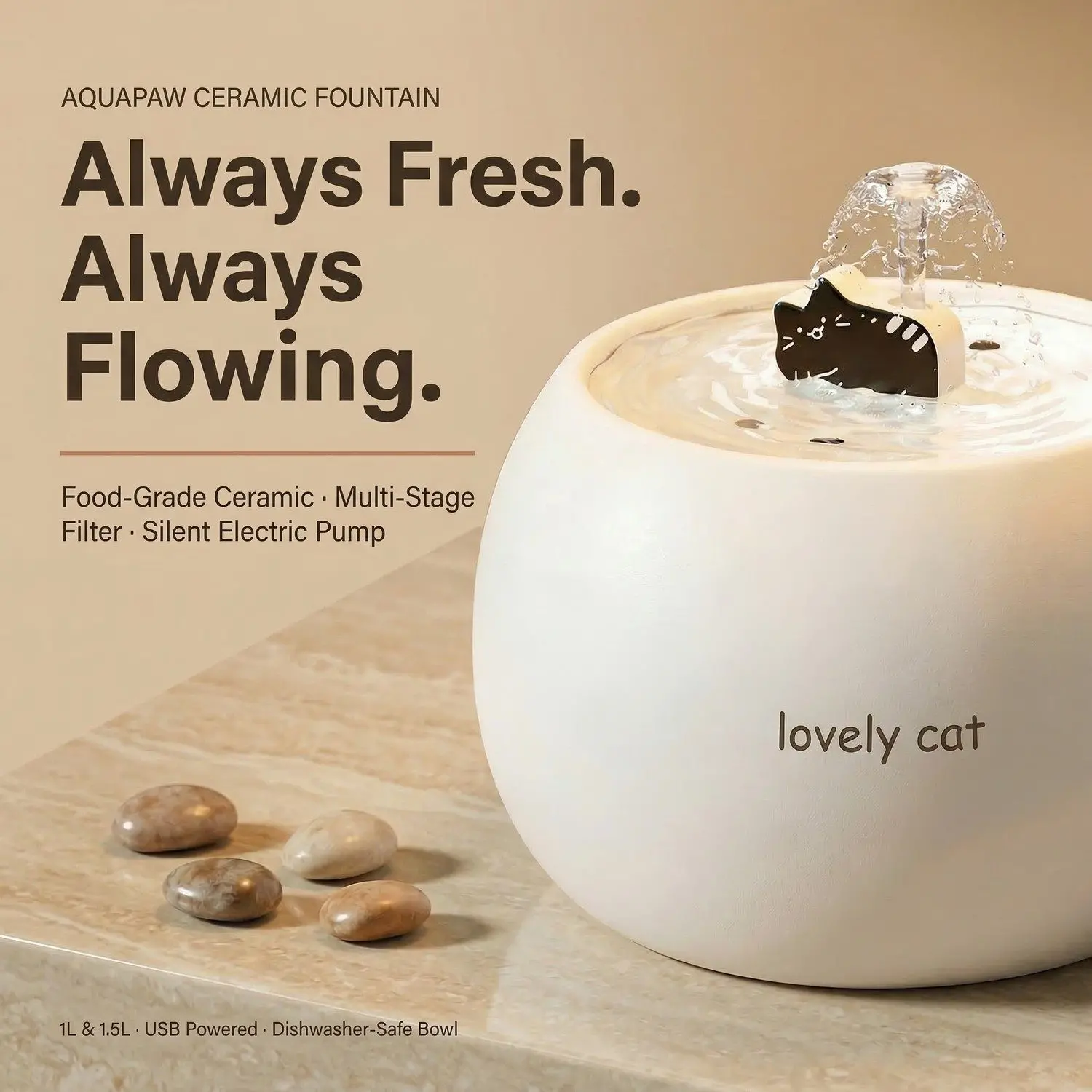 AquaPaw Ceramic Auto Cat Water Fountain – Electric Circulating Filter, Silent Pump, 1L & 1.5L 6 A009 full width