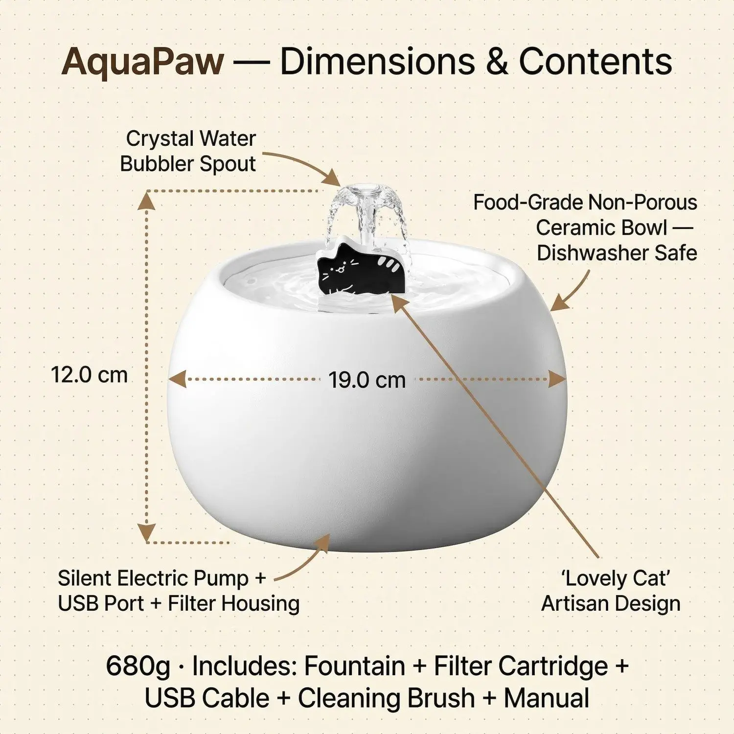 AquaPaw Ceramic Auto Cat Water Fountain – Electric Circulating Filter, Silent Pump, 1L & 1.5L 9 A009 size img