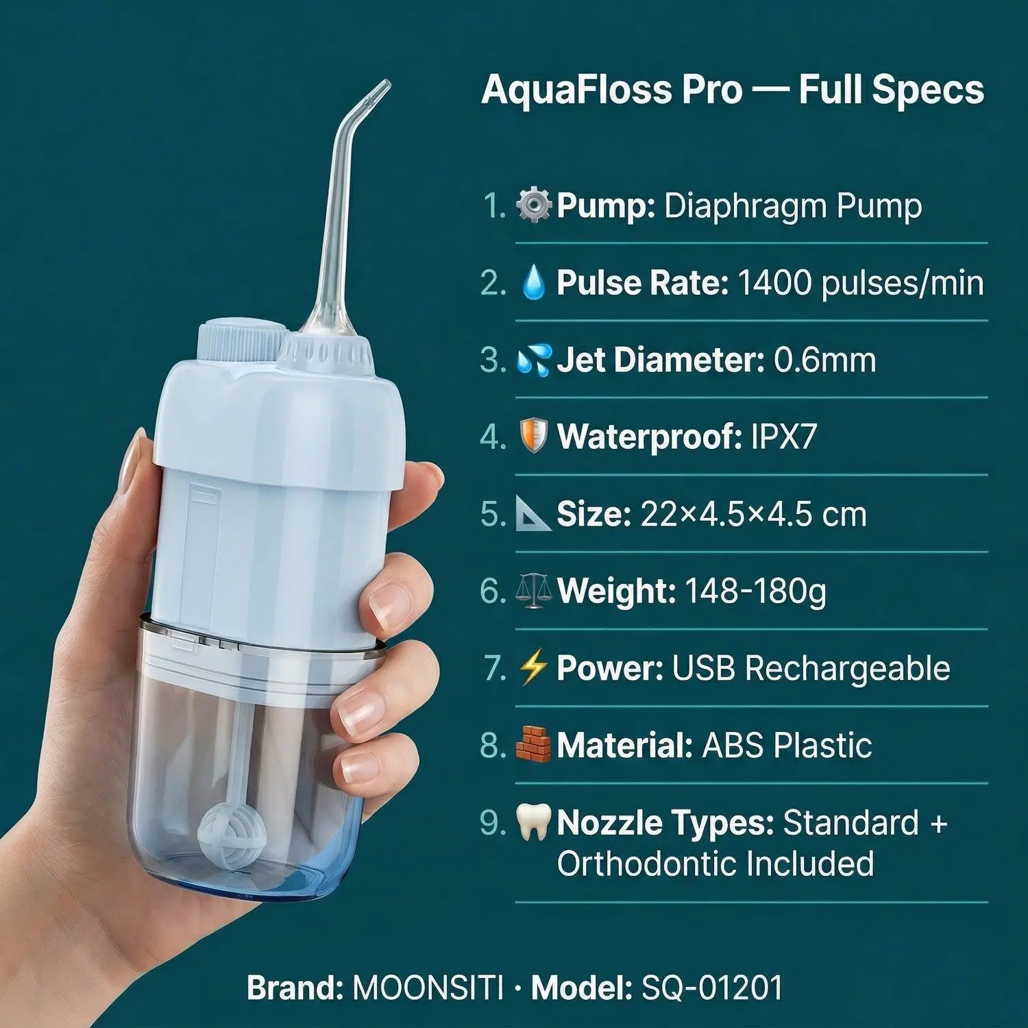 AquaFloss Pro Portable Water Flosser – Orthodontic, IPX7 Waterproof, Rechargeable Oral Irrigator 3 Orthodontic Nozzle