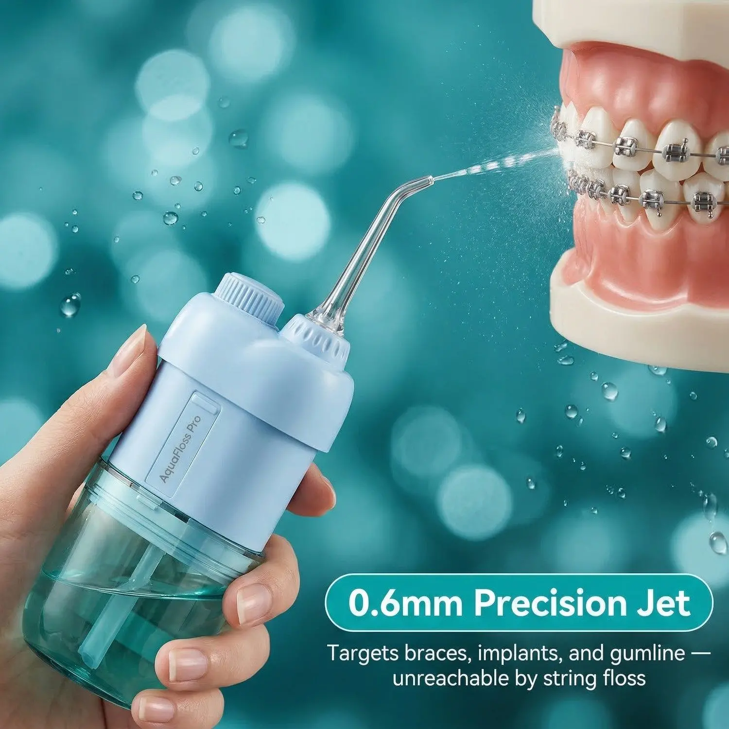 AquaFloss Pro Portable Water Flosser – Orthodontic, IPX7 Waterproof, Rechargeable Oral Irrigator 7 A011 split left