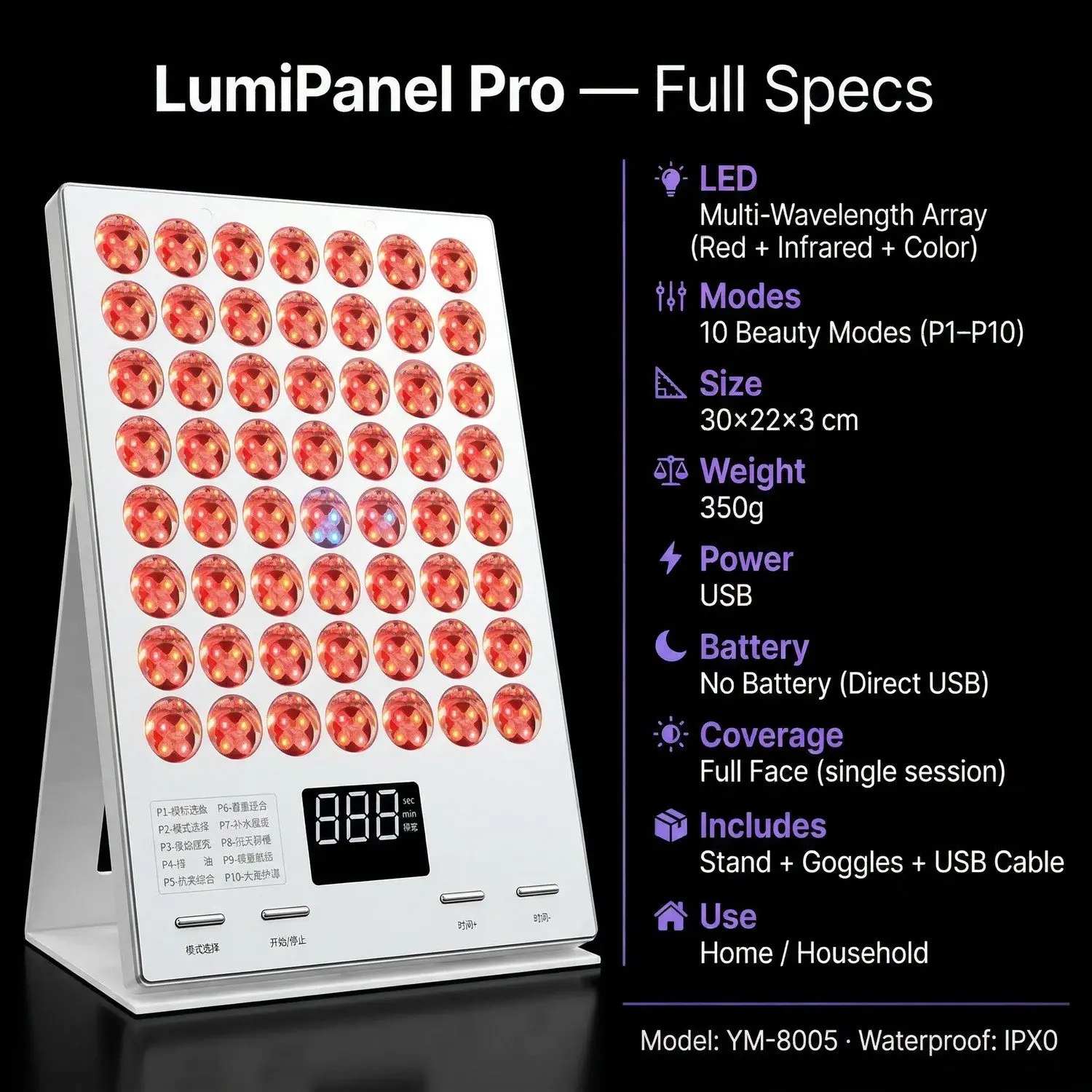LumiPanel Pro LED Light Therapy Beauty Device – Photon Rejuvenation, Anti-Aging & Skin Brightening 3 Multi-Spectrum LEDs