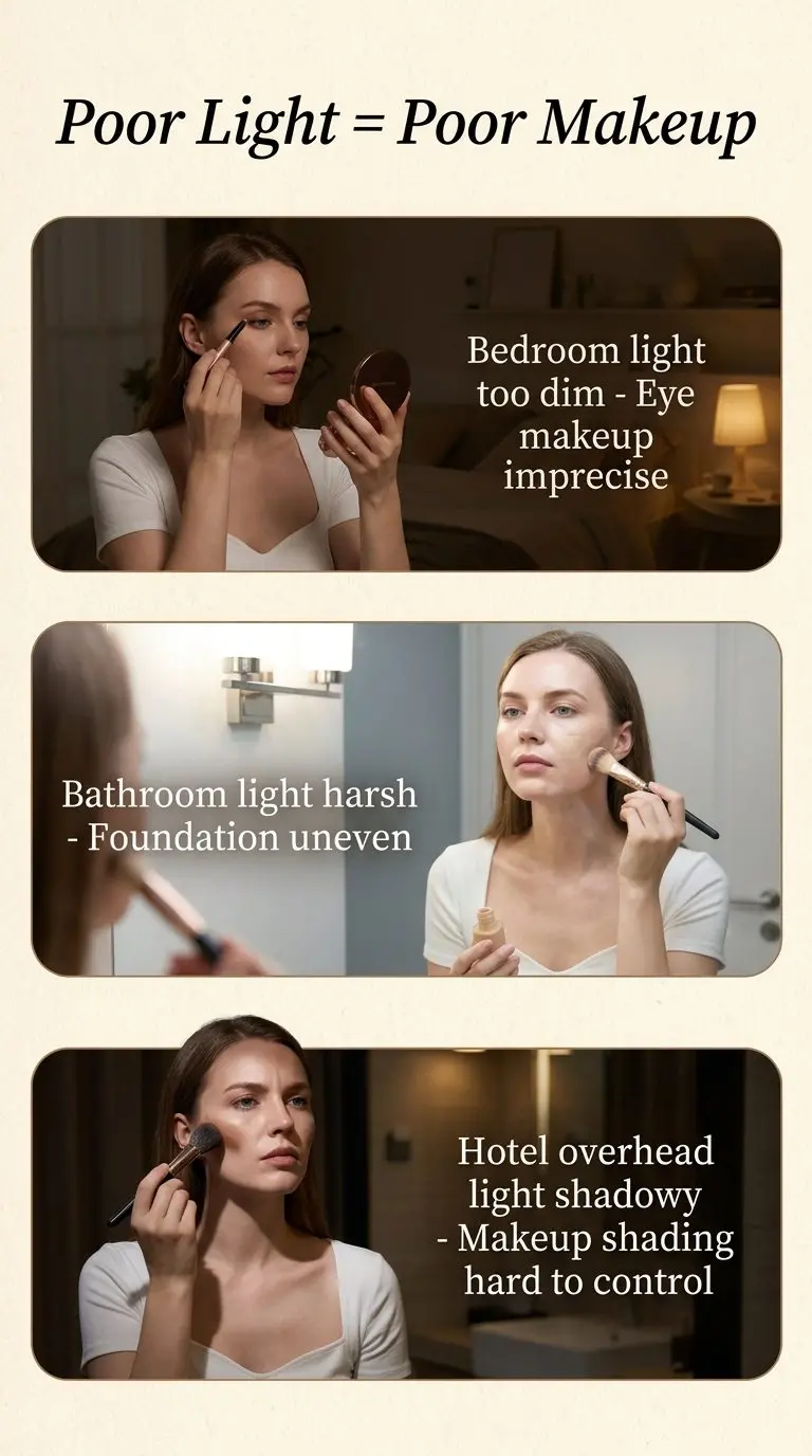 LuxeGlow LED Makeup Mirror – Smart USB Light, Foldable Desktop Vanity Mirror, HD Clarity 5 Poor Light Poor Makeup Comparison