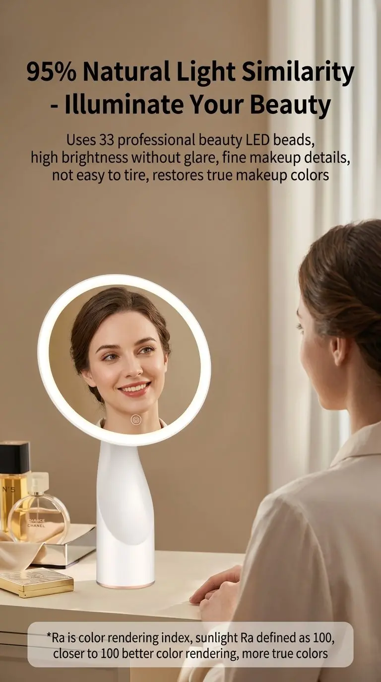 LuxeGlow LED Makeup Mirror – Smart USB Light, Foldable Desktop Vanity Mirror, HD Clarity 3 95% Natural Light Similarity