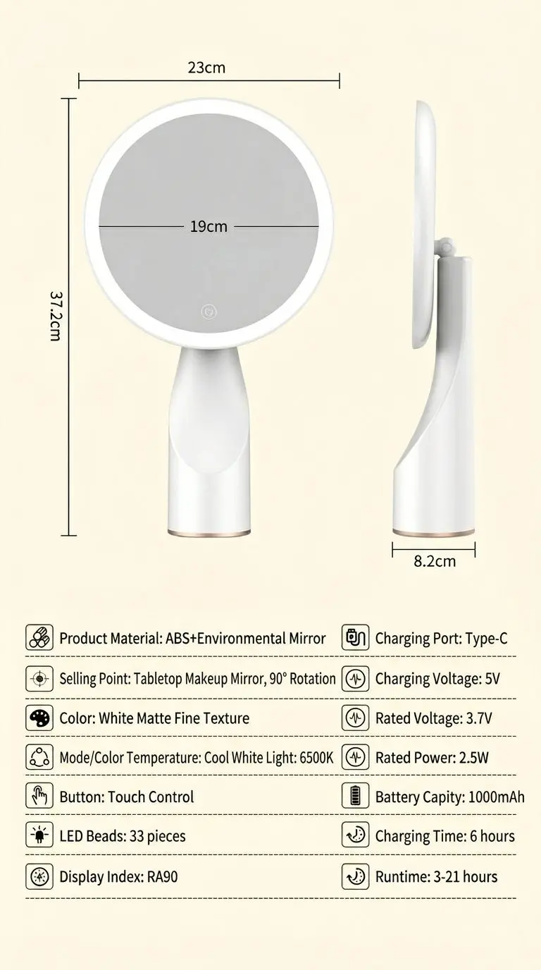 LuxeGlow LED Makeup Mirror – Smart USB Light, Foldable Desktop Vanity Mirror, HD Clarity 8 LuxeGlow Mirror Dimensions and Specifications