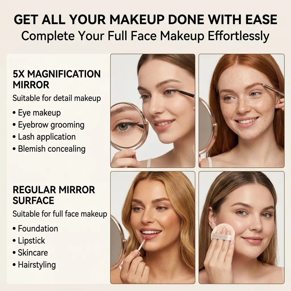 GlowCompact Rechargeable LED Makeup Mirror – Foldable, 5x Magnification, Travel Vanity Mirror 3 3 Colour Temperature Modes