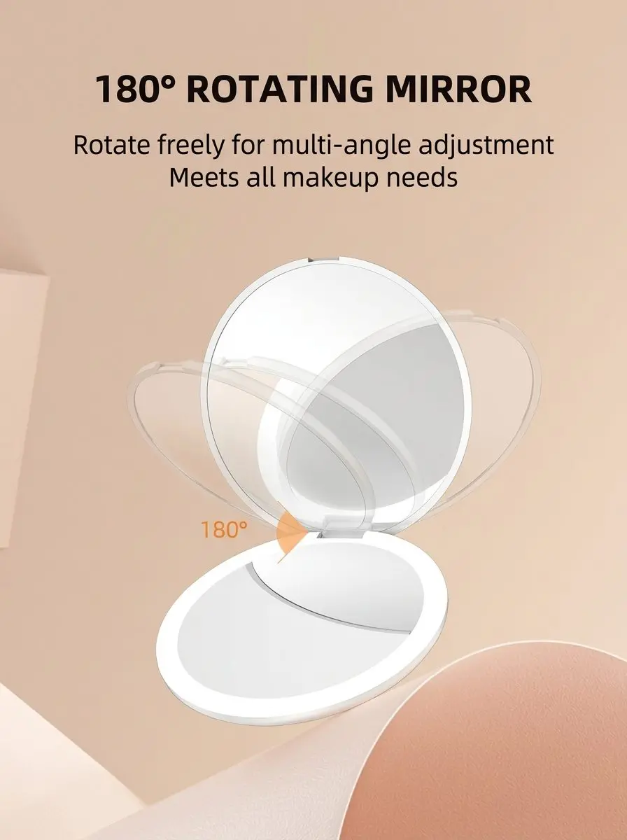 GlowCompact Rechargeable LED Makeup Mirror – Foldable, 5x Magnification, Travel Vanity Mirror 7 A014 split left