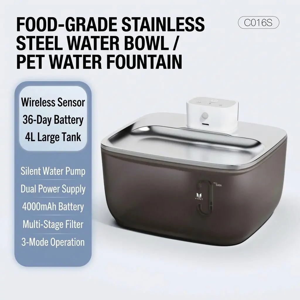 FlowPure 4L Wireless Pet Water Fountain – Visible Window, Auto Circulation Filter, Cat & Dog Dispenser 3 Visible Window Reservoir