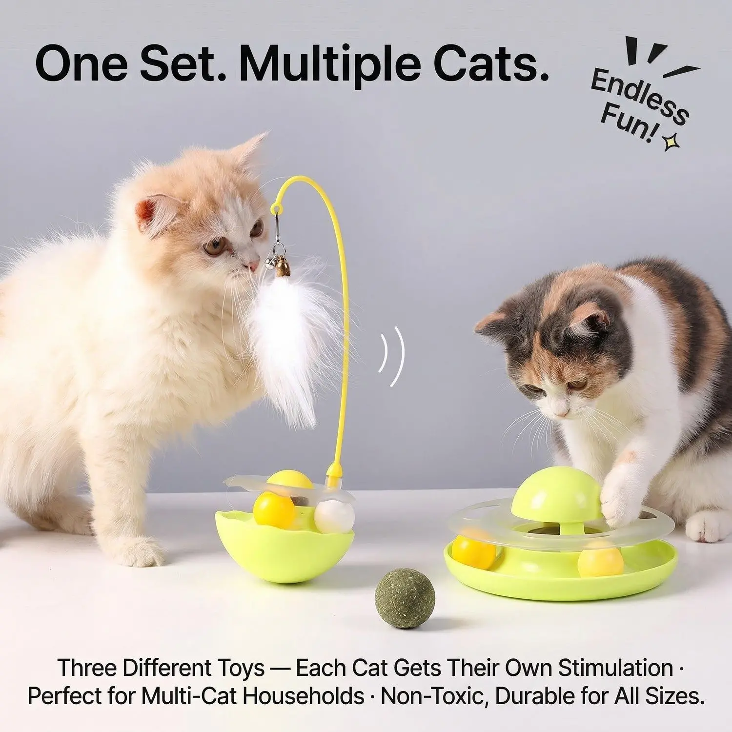 PlayPaw Tumbler Cat Toy Set – Self-Righting Wand, Catnip Ball & Spinning Turntable Interactive Toy 6 PlayPaw Cat Toy in Action