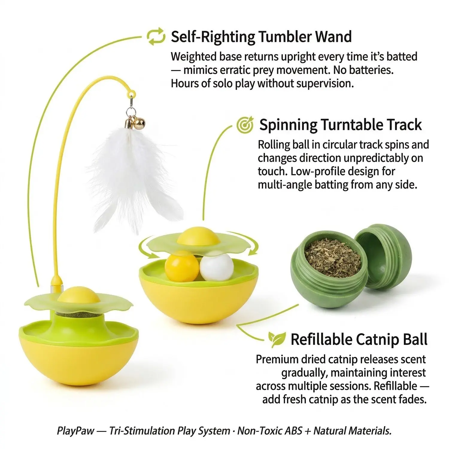 PlayPaw Tumbler Cat Toy Set – Self-Righting Wand, Catnip Ball & Spinning Turntable Interactive Toy 2 Self-Righting Tumbler Wand