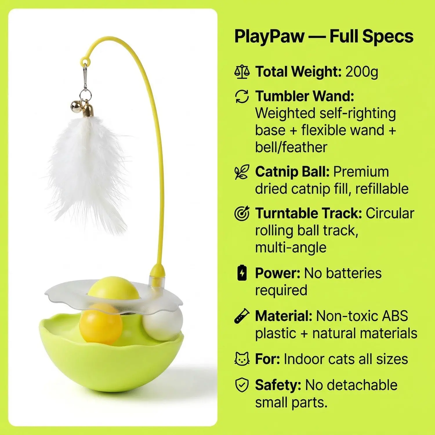 PlayPaw Tumbler Cat Toy Set – Self-Righting Wand, Catnip Ball & Spinning Turntable Interactive Toy 3 Catnip Ball