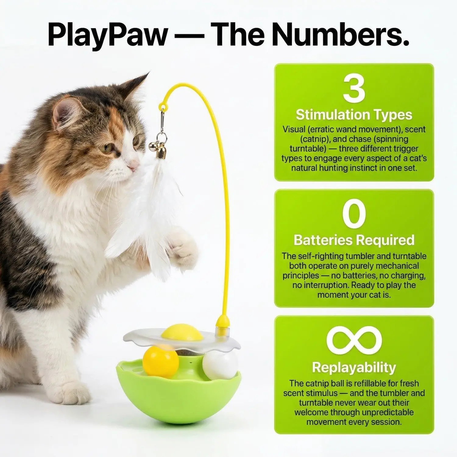 PlayPaw Tumbler Cat Toy Set – Self-Righting Wand, Catnip Ball & Spinning Turntable Interactive Toy 8 Natural Hunting Instincts