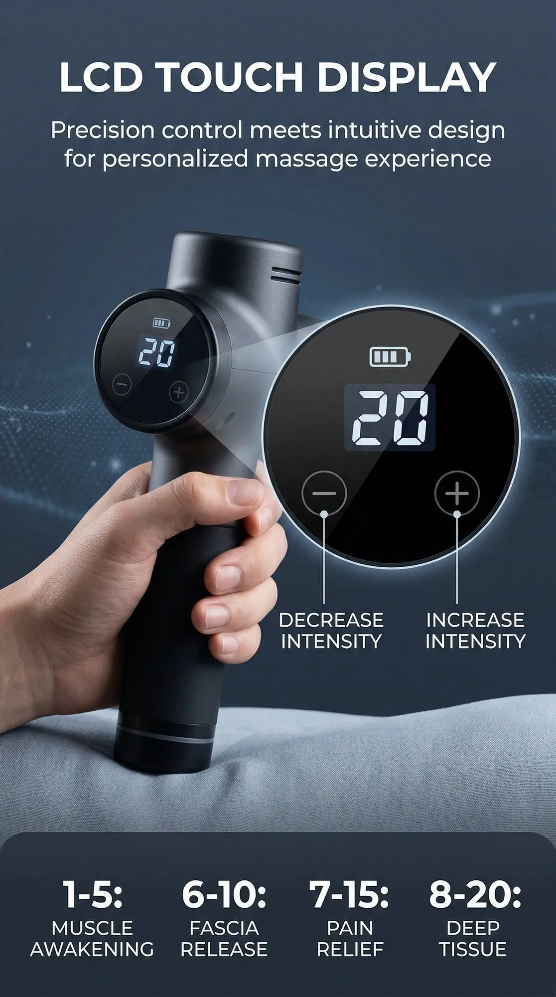 Premium LCD Percussion Muscle Massage Gun with 6 Interchangeable Heads 7 A039 marketing