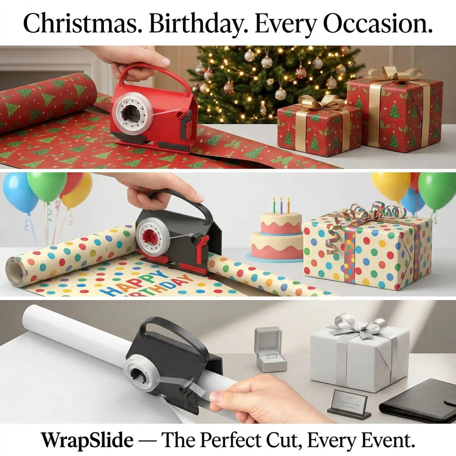 WrapSlide Wrapping Paper Cutter – Handle-Grip Roll Cutter, Clean Straight-Line Gift Wrap Slitter 7 Christmas, Birthday, Every Occasion — 3-panel multi-occasion lifestyle