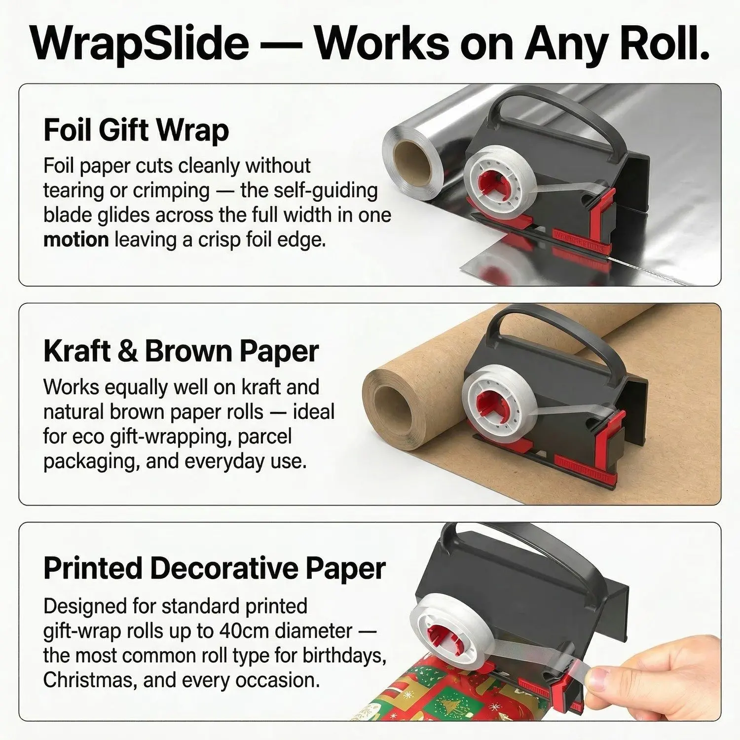 WrapSlide Wrapping Paper Cutter – Handle-Grip Roll Cutter, Clean Straight-Line Gift Wrap Slitter 8 Works on Any Roll — Foil, Kraft, Printed paper types