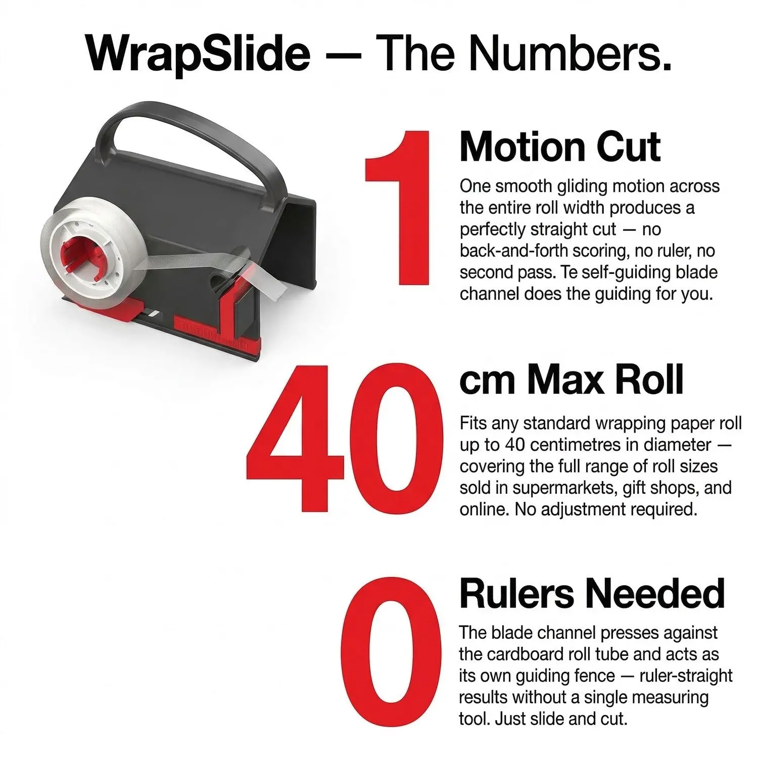 WrapSlide Wrapping Paper Cutter – Handle-Grip Roll Cutter, Clean Straight-Line Gift Wrap Slitter 9 WrapSlide — The Numbers: 1 Motion / 40cm / 0 Rulers
