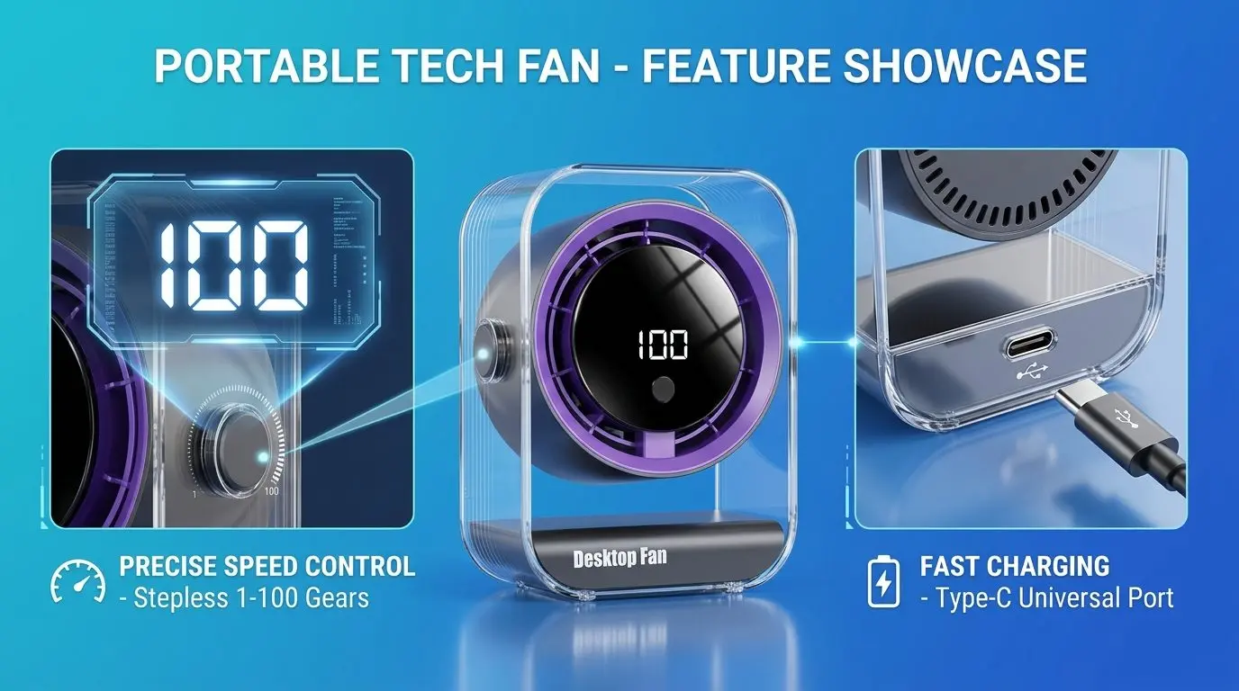 2026 Premium Stepless Speed Desktop Fan - Portable USB Rechargeable Rotatable Mini Desk Fan 12 B043 03