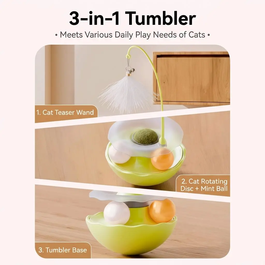 PlayPaw Tumbler Cat Toy Set – Self-Righting Wand, Catnip Ball & Spinning Turntable Interactive Toy 7 Independent Play