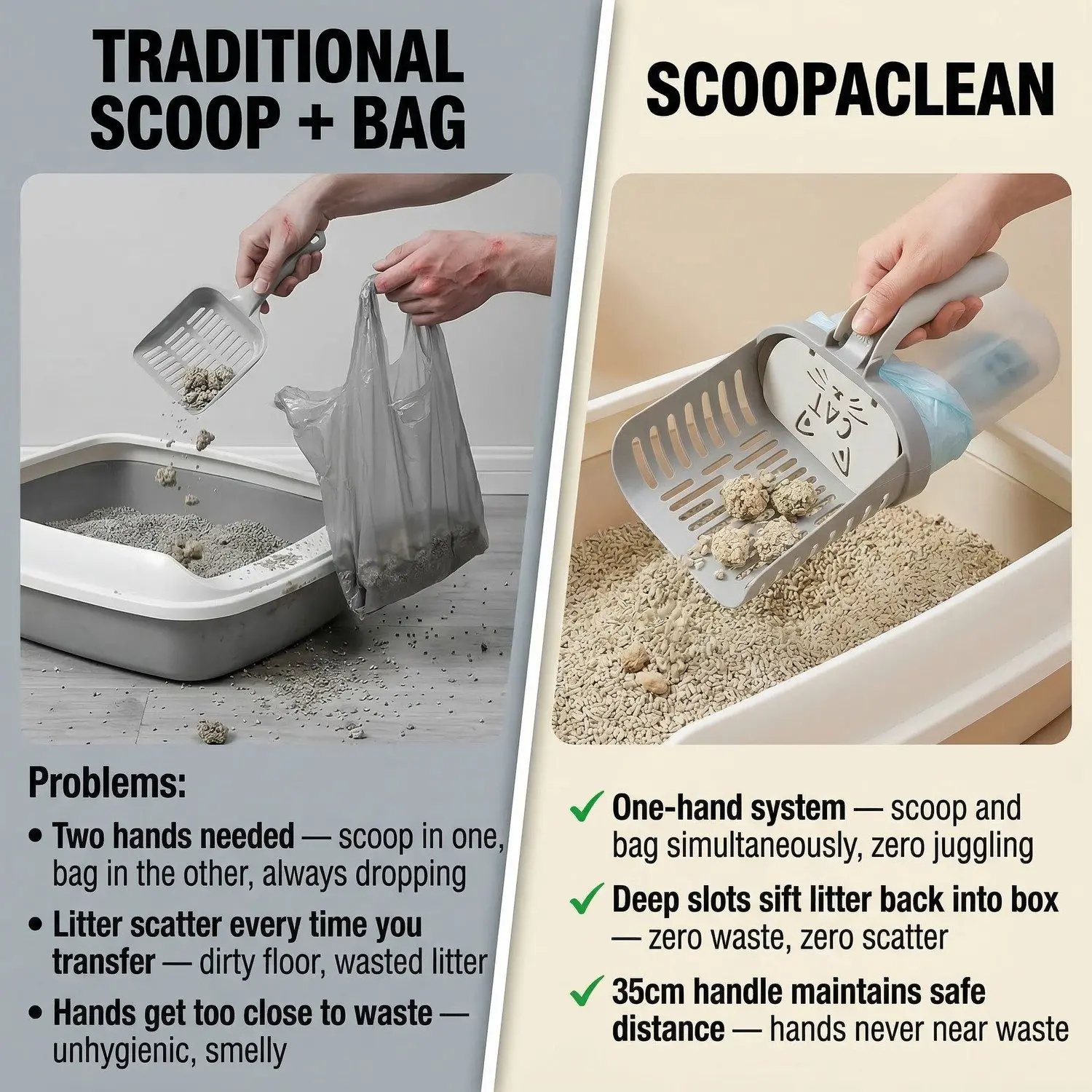 ScoopaClean Cat Litter Scoop Kit (6 roll bag) – Large Capacity Bag Holder Set, Complete Litter Cleaning System 8 Hygienic design ScoopaClean