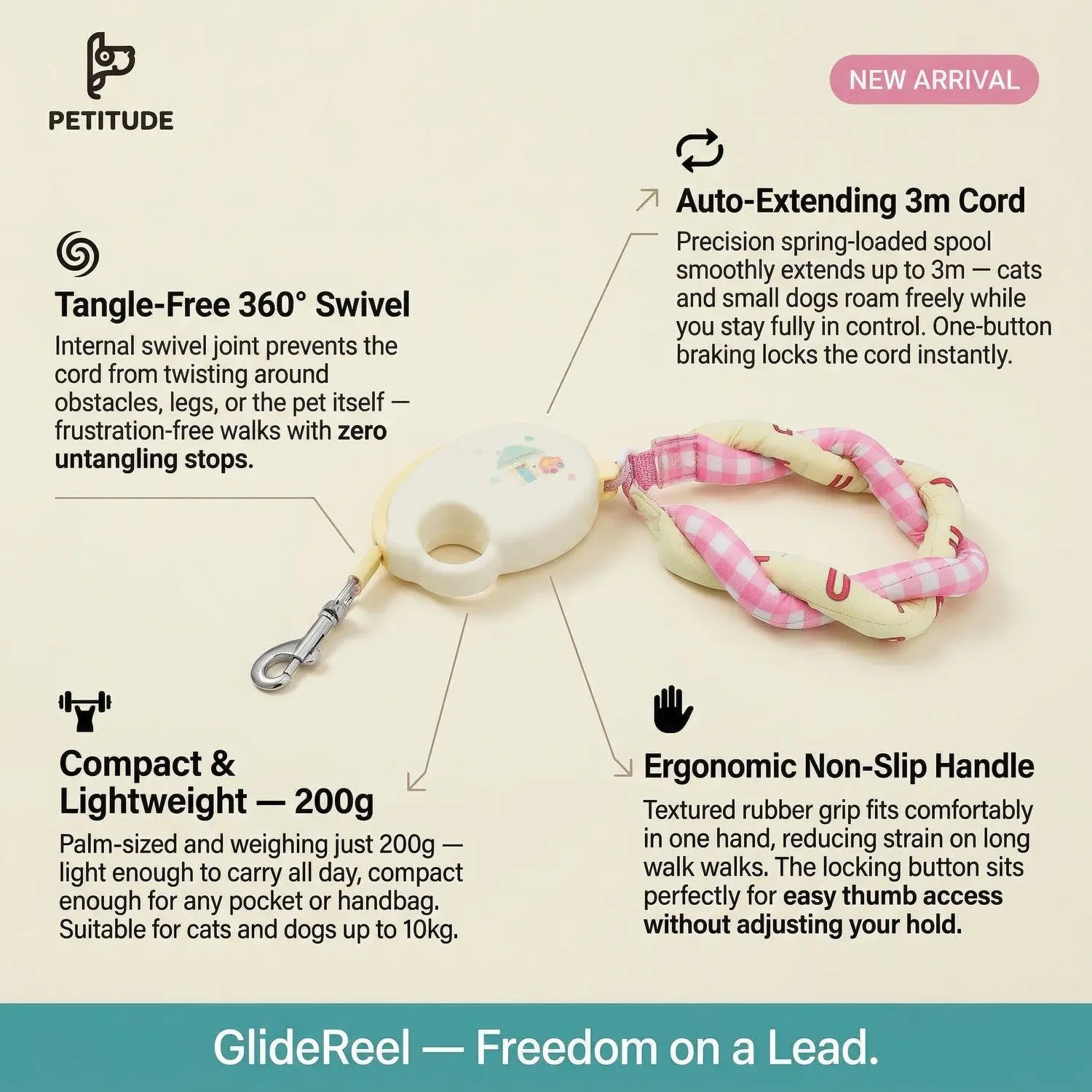 GlideReel Retractable Pet Leash – Auto-Extending Cat & Small Dog Lead, Tangle-Free Cord 4 Ergonomic non-slip rubber handle with thumb brake