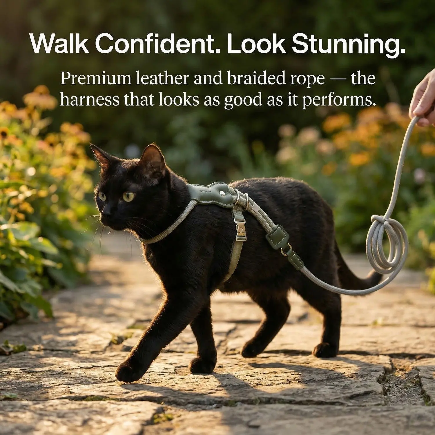 ElegantStep Cat Harness Set – Leather & Rope H-Shape, Adjustable Escape-Proof with Leash 1 ElegantStep cat harness lifestyle
