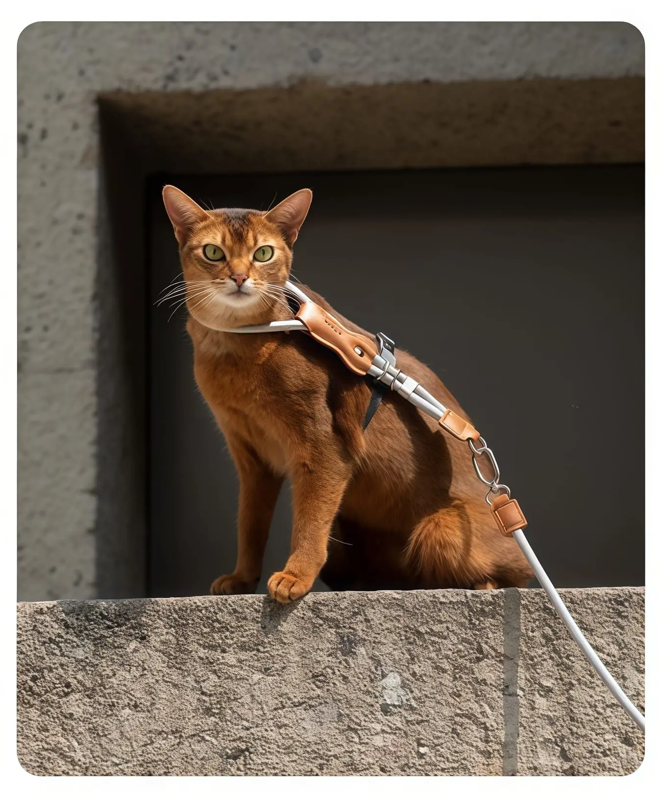 ElegantStep Cat Harness Set – Leather & Rope H-Shape, Adjustable Escape-Proof with Leash 7 ElegantStep harness flat lay product shot