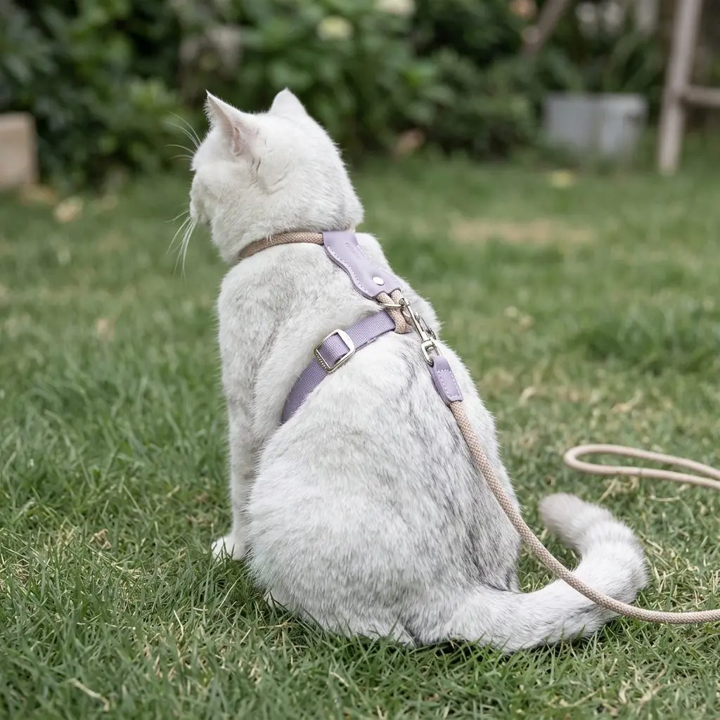 ElegantStep Cat Harness Set – Leather & Rope H-Shape, Adjustable Escape-Proof with Leash 4 4-point adjustable harness buckles