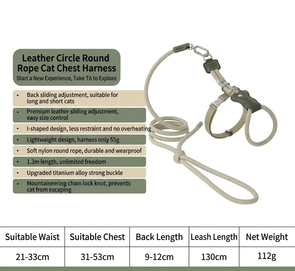 ElegantStep Cat Harness Set – Leather & Rope H-Shape, Adjustable Escape-Proof with Leash 5 Matching braided leash included