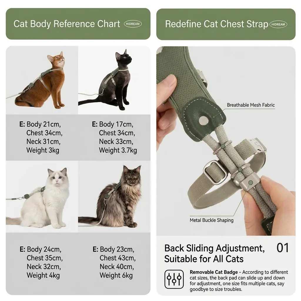 ElegantStep Cat Harness Set – Leather & Rope H-Shape, Adjustable Escape-Proof with Leash 10 ElegantStep harness specifications chart