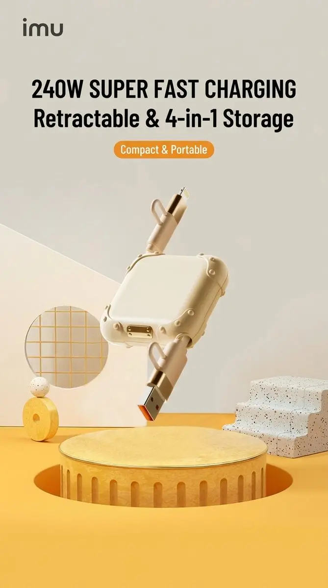 Premium 240W Retractable 4-in-1 Fast Charging Cable - imu Luggage-Style Portable Data Cord 1 imu 240W Retractable 4-in-1 Fast Charging Cable