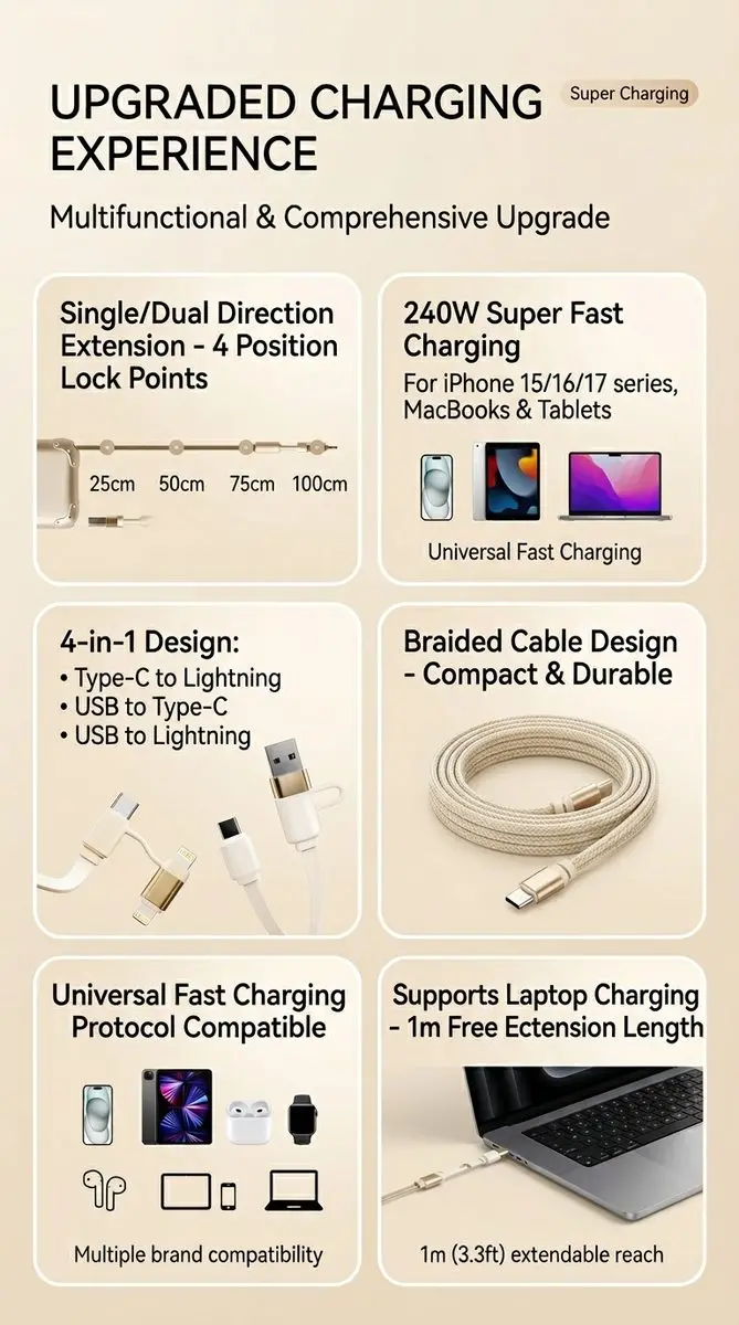 Premium 240W Retractable 4-in-1 Fast Charging Cable - imu Luggage-Style Portable Data Cord 6 Upgraded Charging Experience