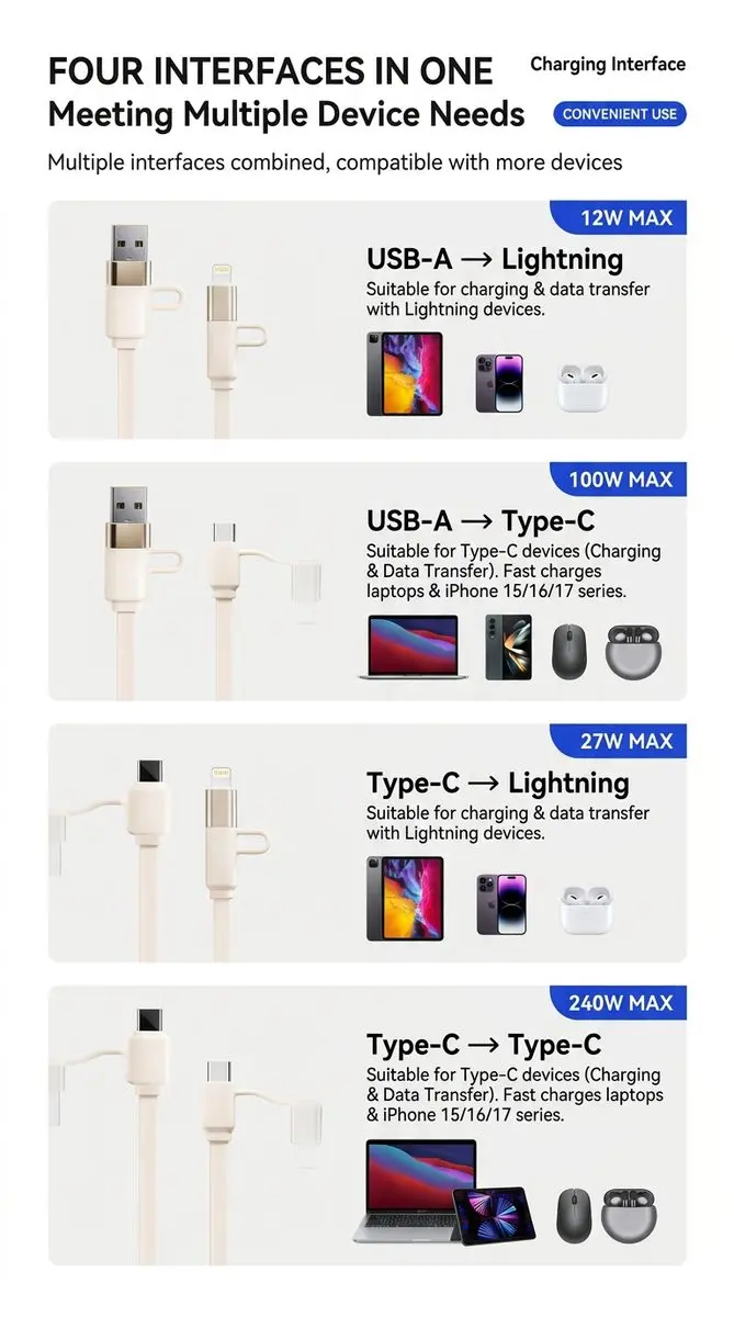 Premium 240W Retractable 4-in-1 Fast Charging Cable - imu Luggage-Style Portable Data Cord 7 Four Charging Interfaces