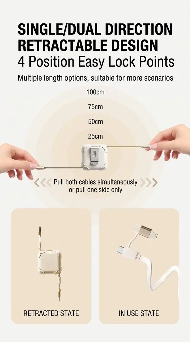 Premium 240W Retractable 4-in-1 Fast Charging Cable - imu Luggage-Style Portable Data Cord 9 Retractable Design Details