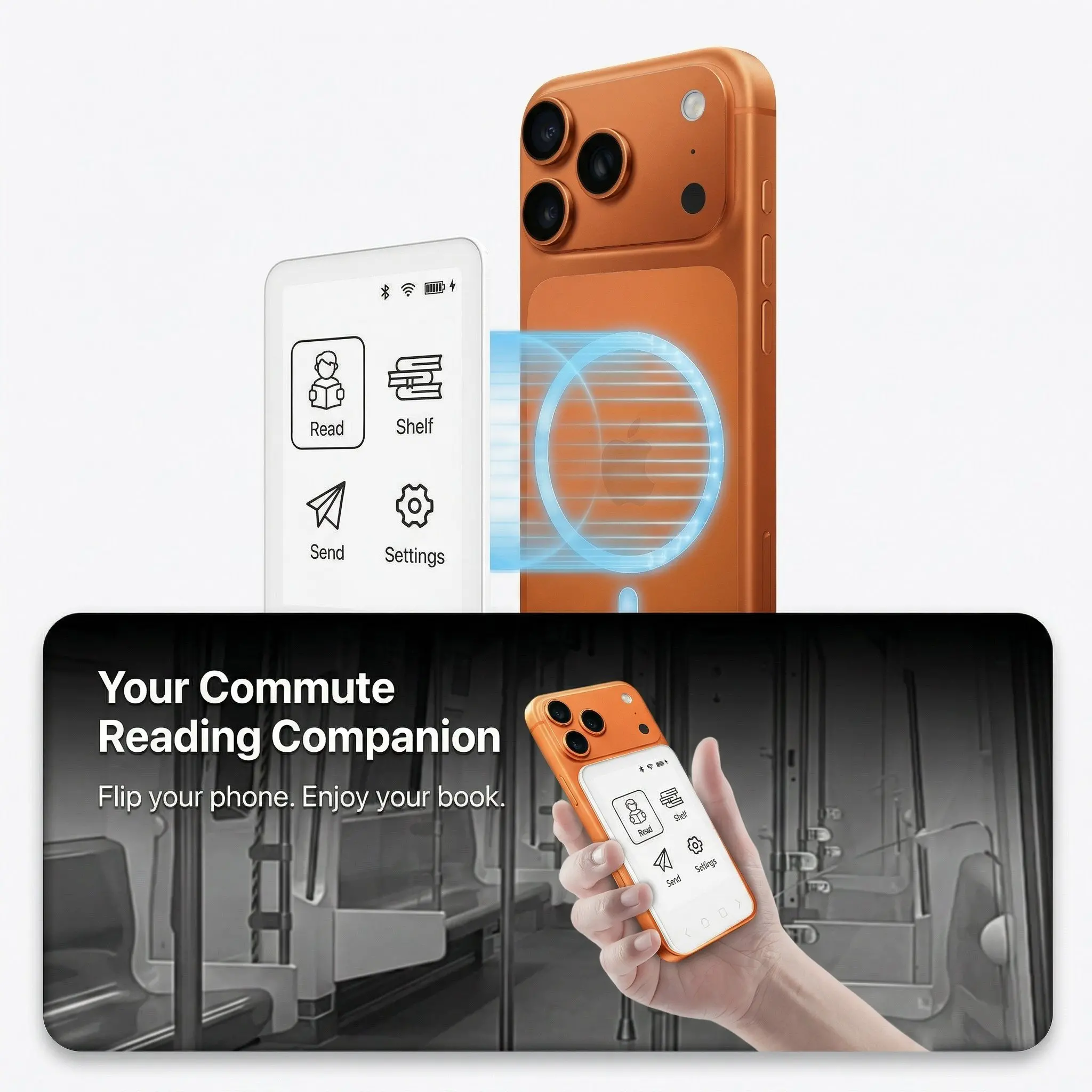 Kaiconn Pocket S1 Mini Magnetic E-Ink eReader - Portable 3.52" Eye-Care E-Book for Commuters and Students 38 Magnetic eReader attached to smartphone