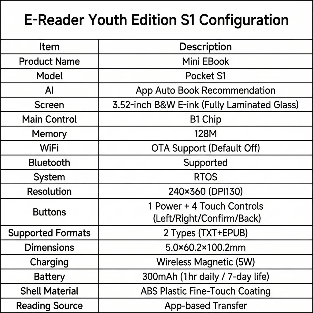 Kaiconn Pocket S1 Mini Magnetic E-Ink eReader - Portable 3.52" Eye-Care E-Book for Commuters and Students 44 Pocket S1 specification table