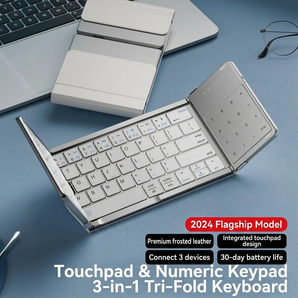 Premium Tri-Fold Wireless Bluetooth Keyboard with Integrated Touchpad & Numpad 35 Keyboard folded and unfolded overview