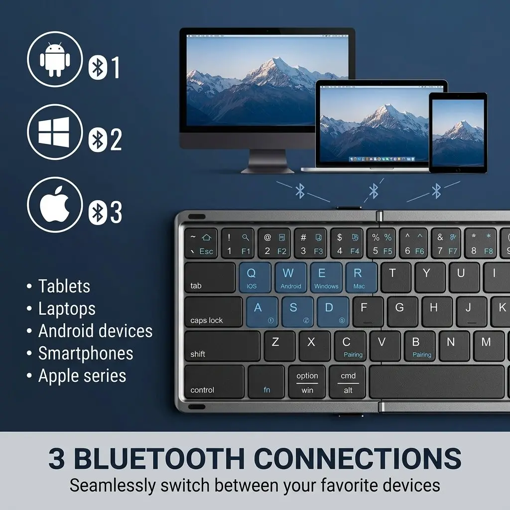 Premium Tri-Fold Wireless Bluetooth Keyboard with Integrated Touchpad & Numpad 40 Keyboard in use with tablet