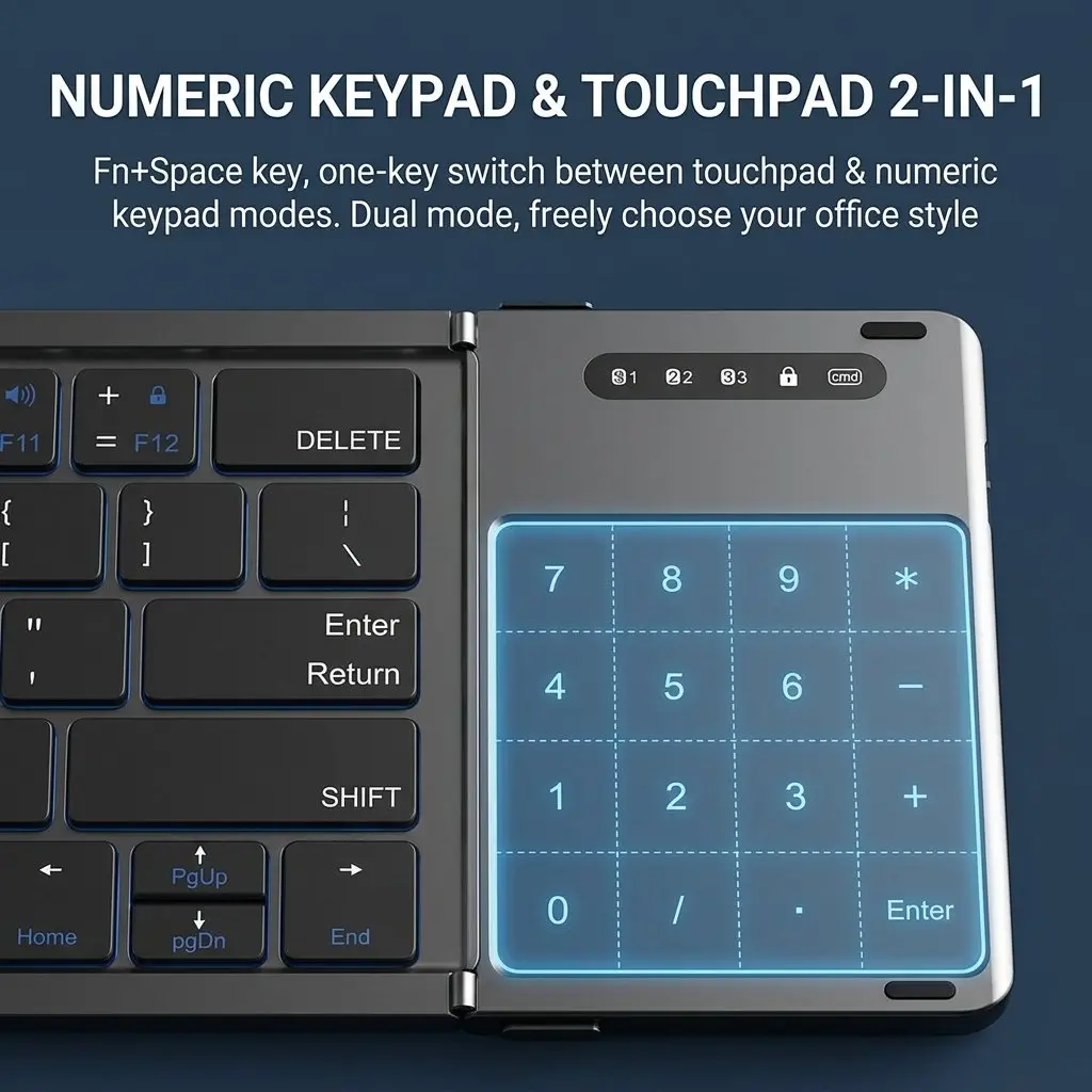 Premium Tri-Fold Wireless Bluetooth Keyboard with Integrated Touchpad & Numpad 37 Touchpad and numpad dual mode feature